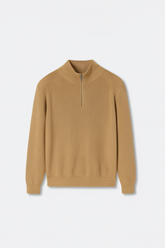 Oversized Rib Cotton Half Zip Sweater - Dune